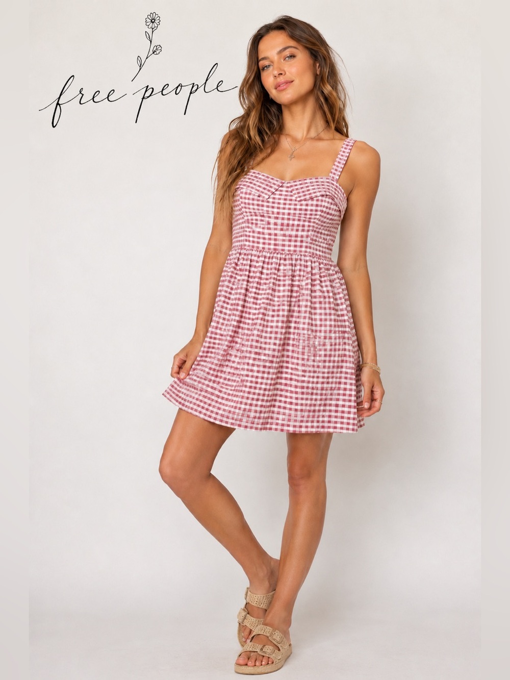Free People FP Beach Peek A Boo Dress Pink White Gingham Knit Babydoll Mini V